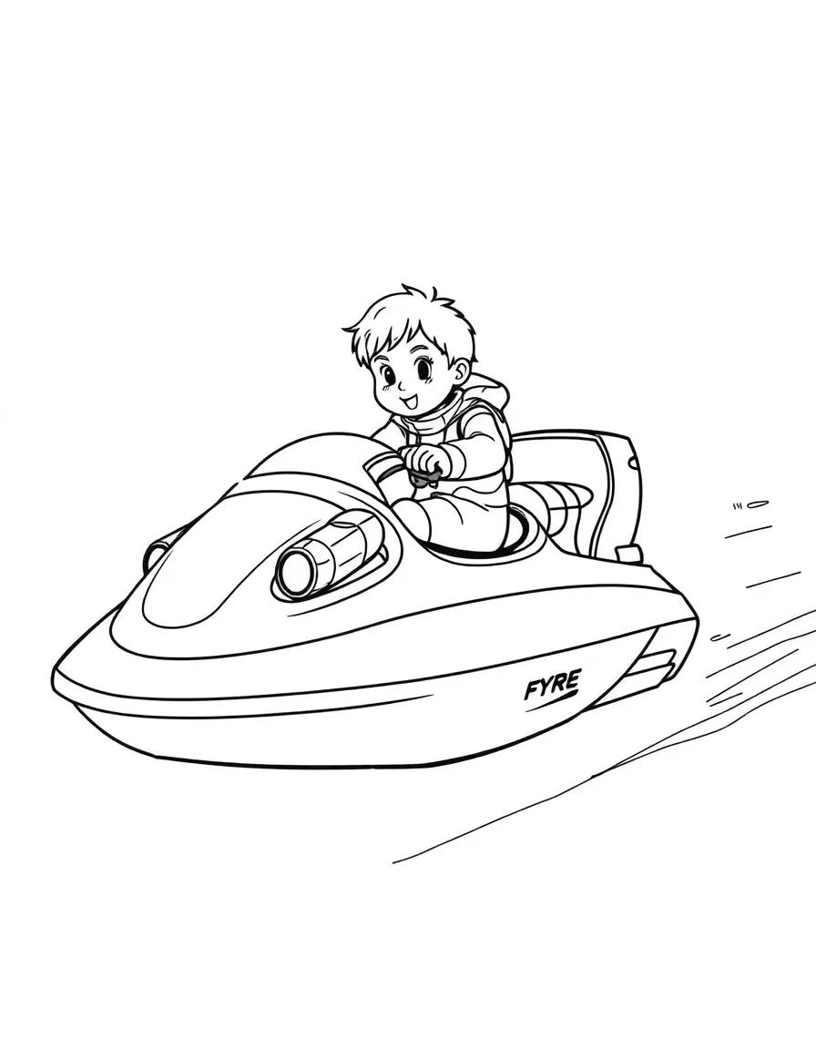 (future) A child riding a personal hovercraft.