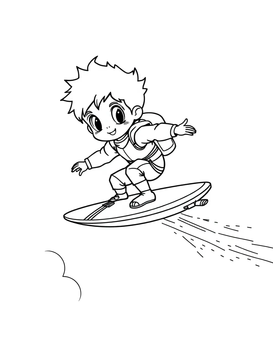 (future) A child riding a flying surfboard.