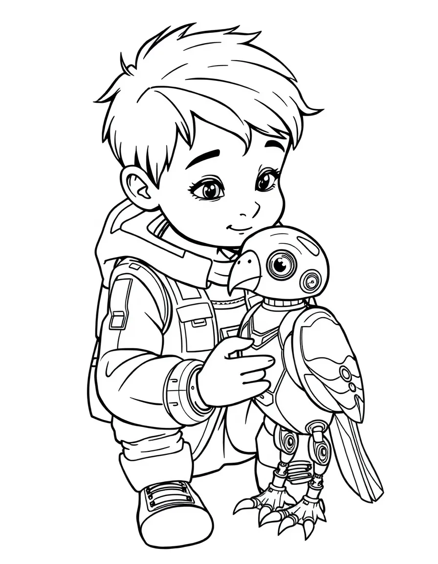 (future) A boy playing with a robot pet bird.