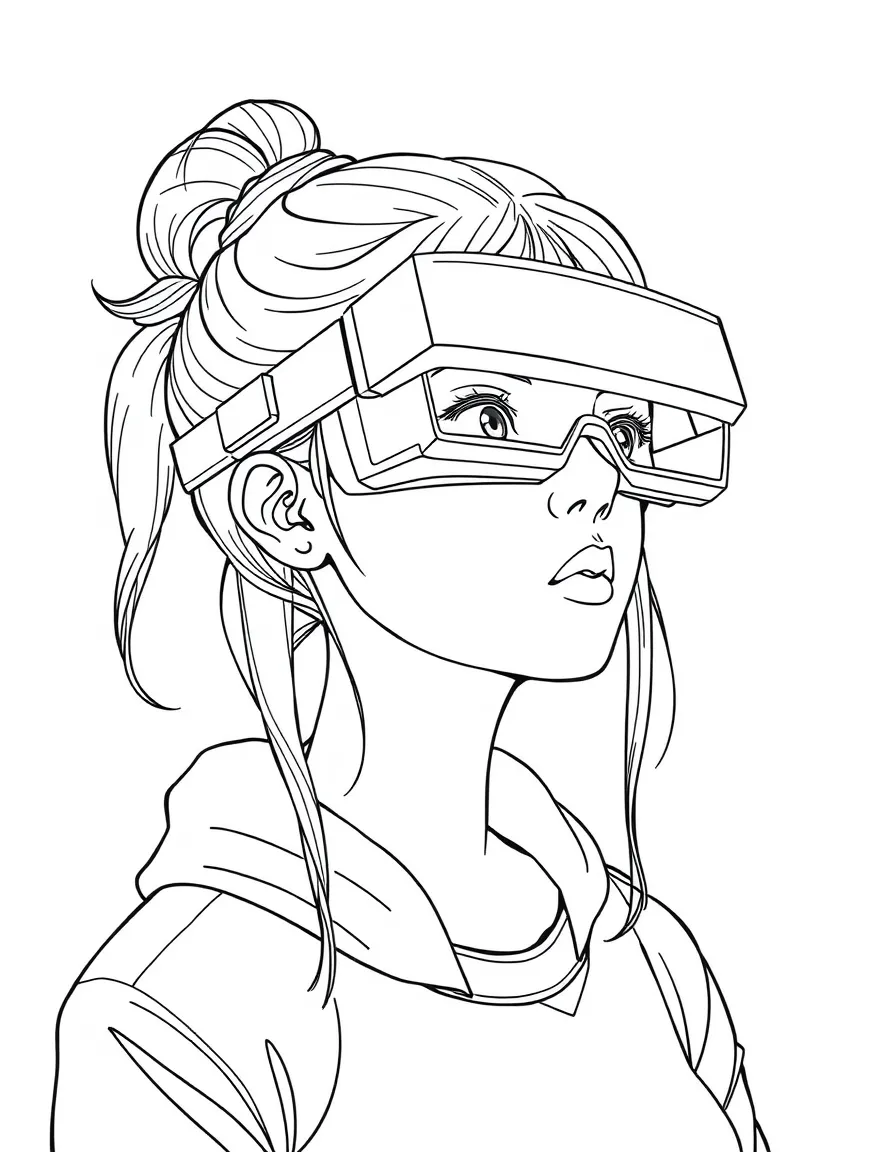 (future) A girl with futuristic glasses that show augmented reality.