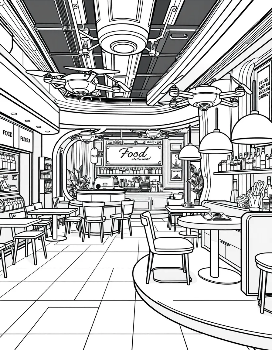 (future) A futuristic restaurant with food delivered by drones.