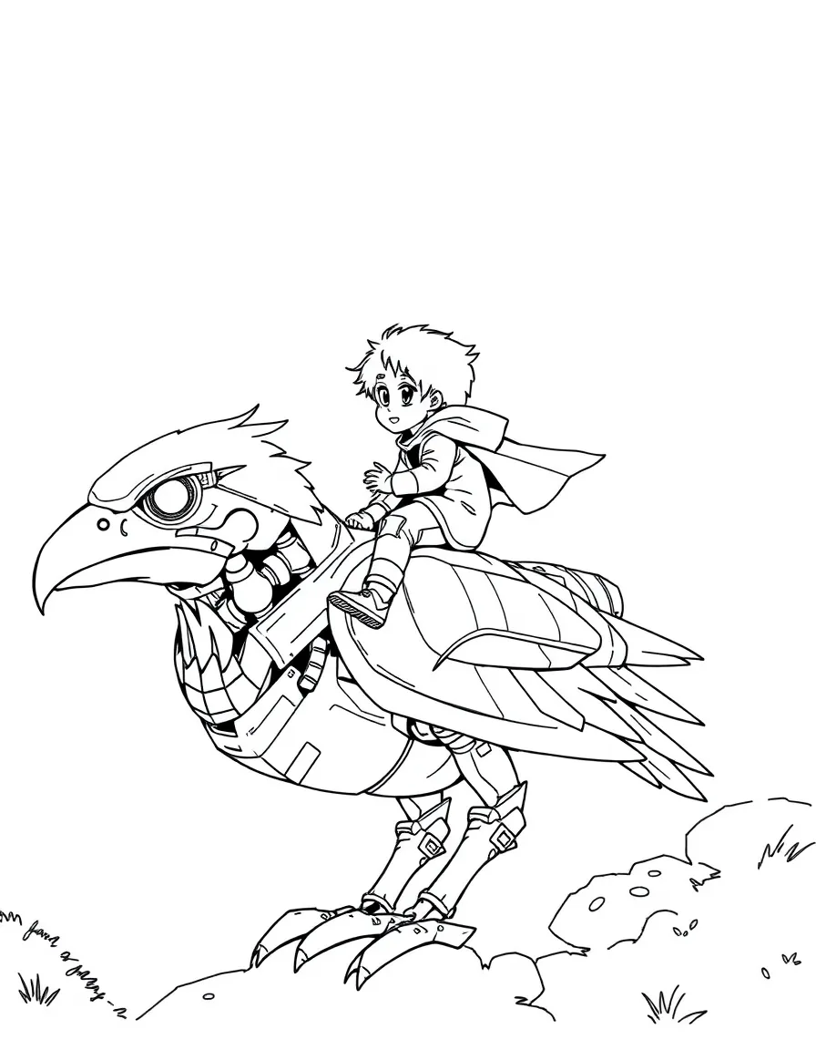 (future) A child riding a giant robot bird.