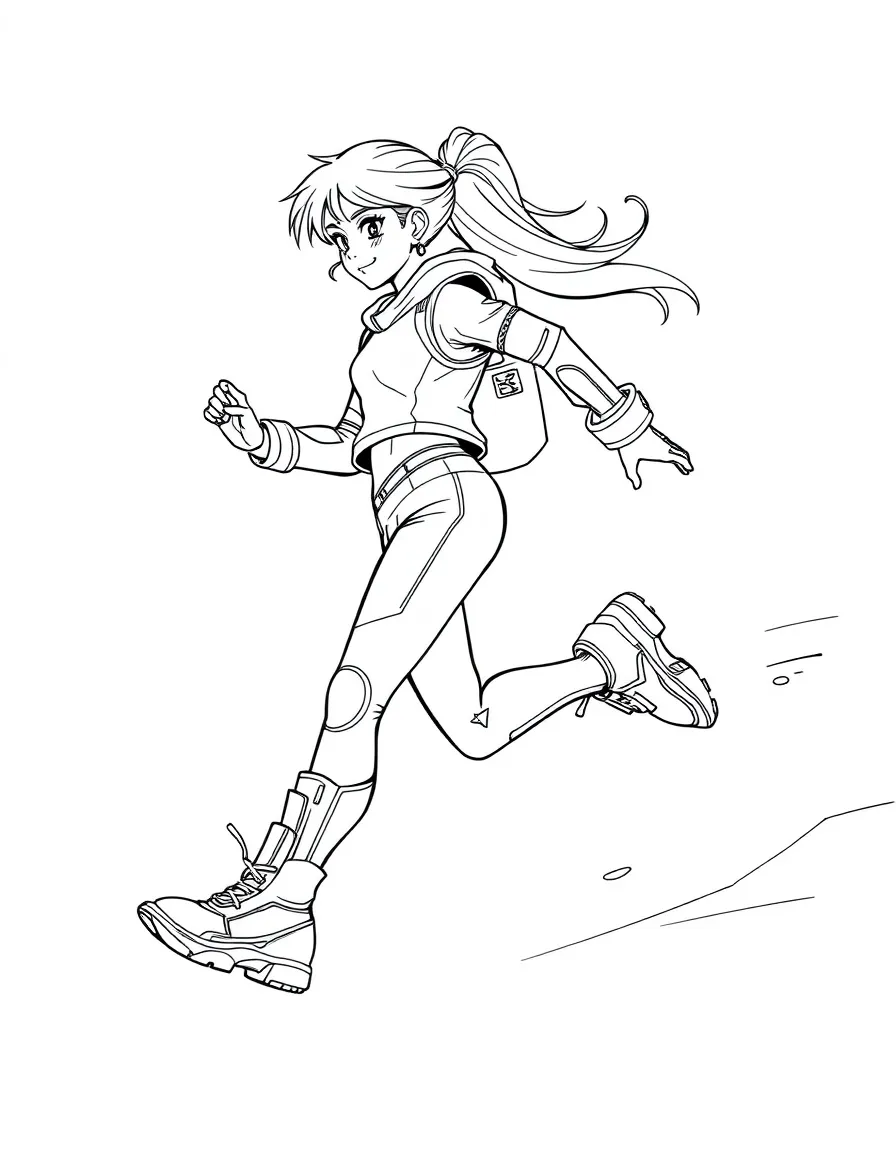 (future) A girl with futuristic shoes that help her run fast.