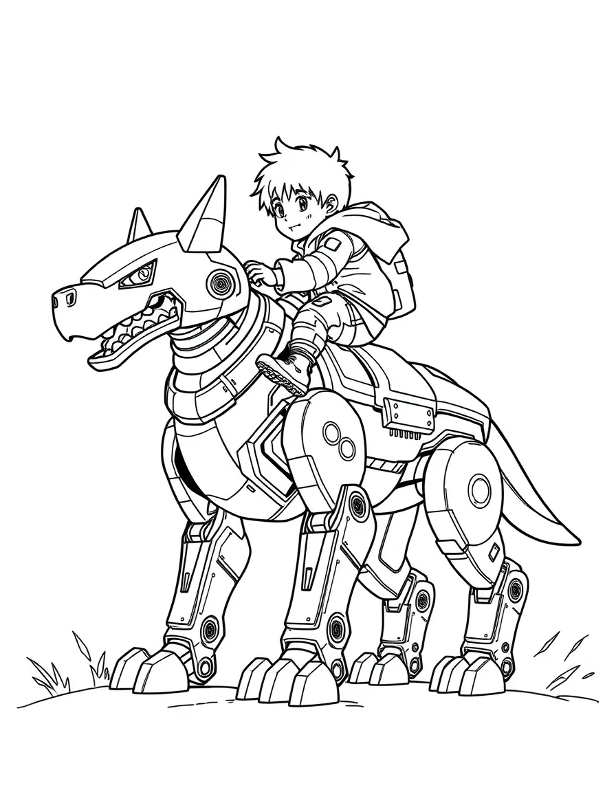 (future) A child riding a giant robot dog.
