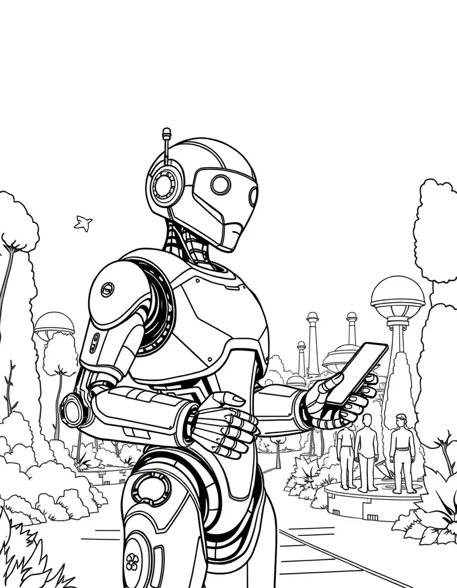 (future) A futuristic park with a robot tour guide.