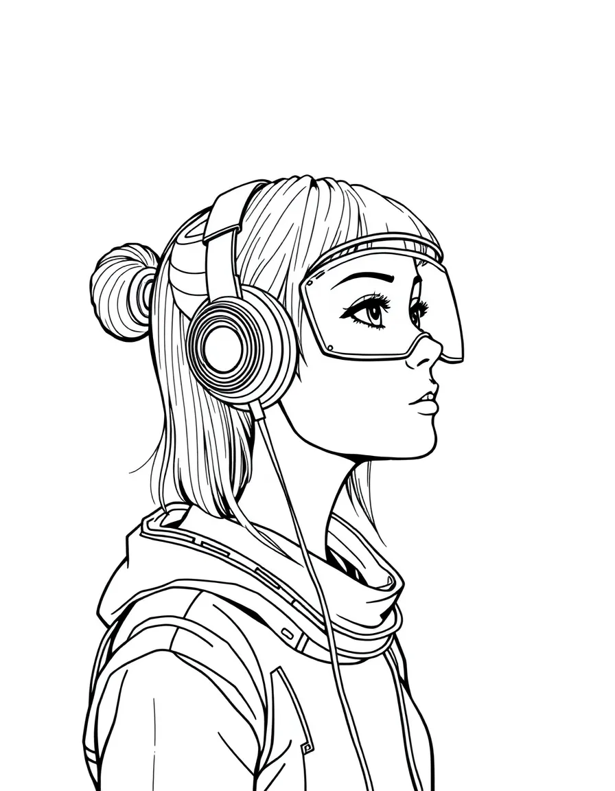 (future) A girl with futuristic earbuds that play music in her head.