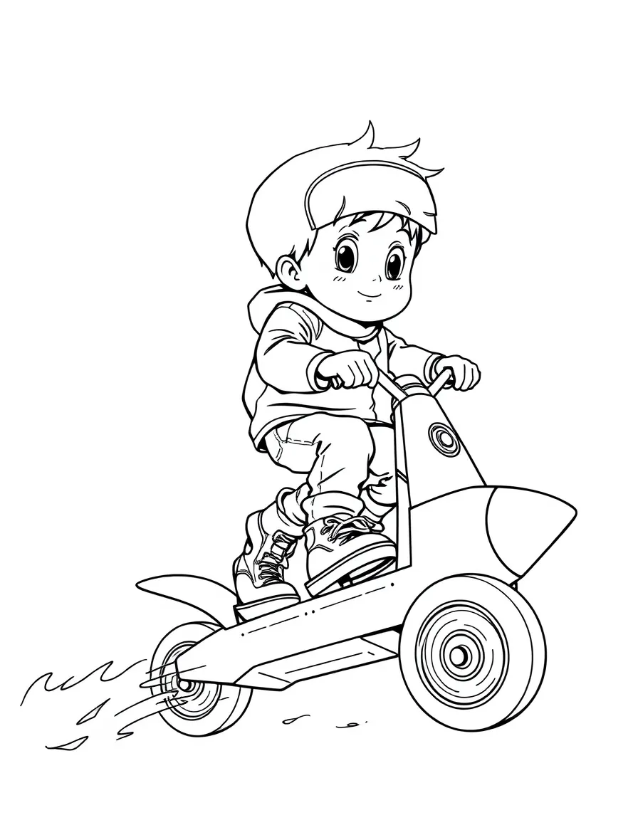 (future) A child riding a personal rocket-powered skateboard.