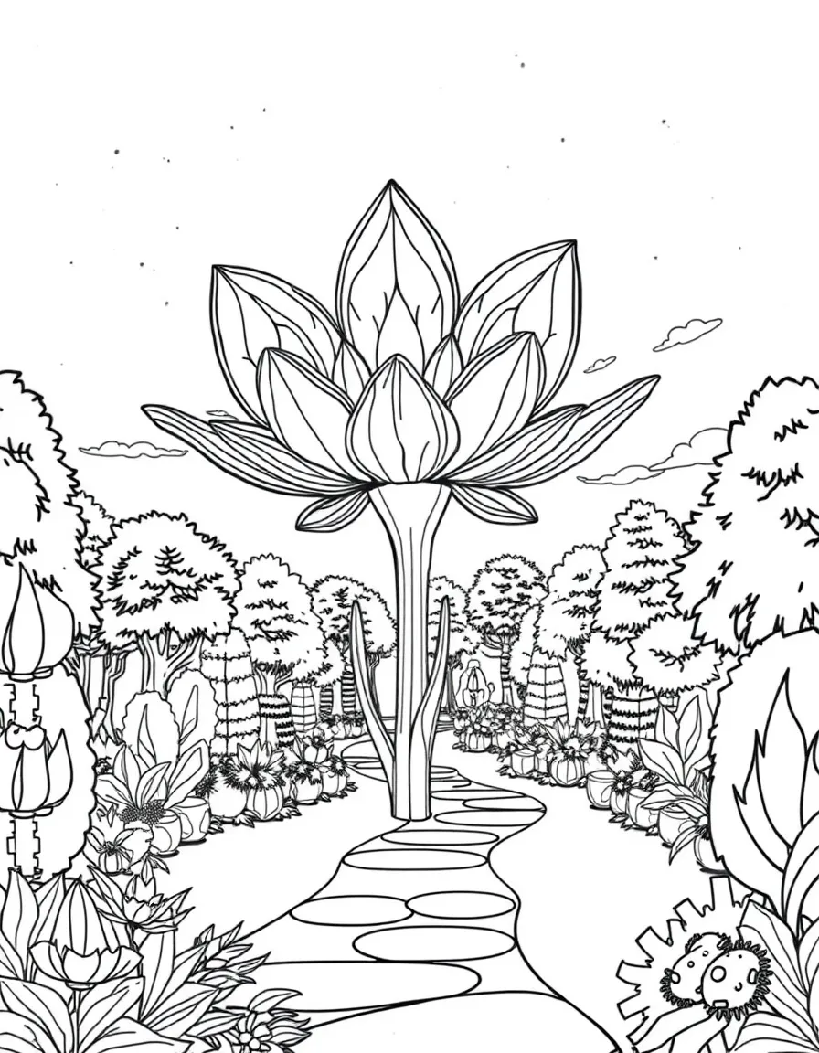 (future) A futuristic park with a giant flower made of light.