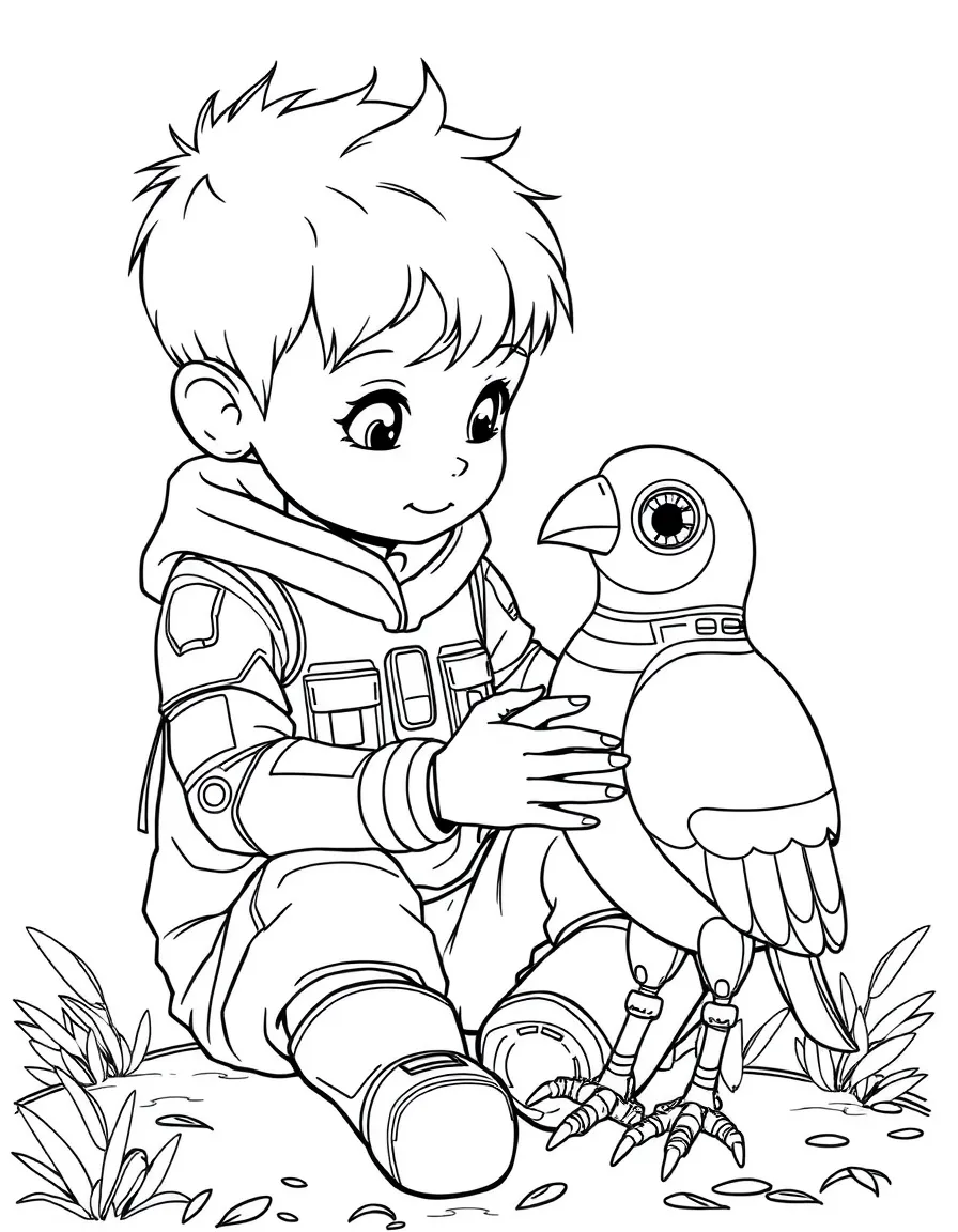 (future) A boy playing with a robot pet bird.