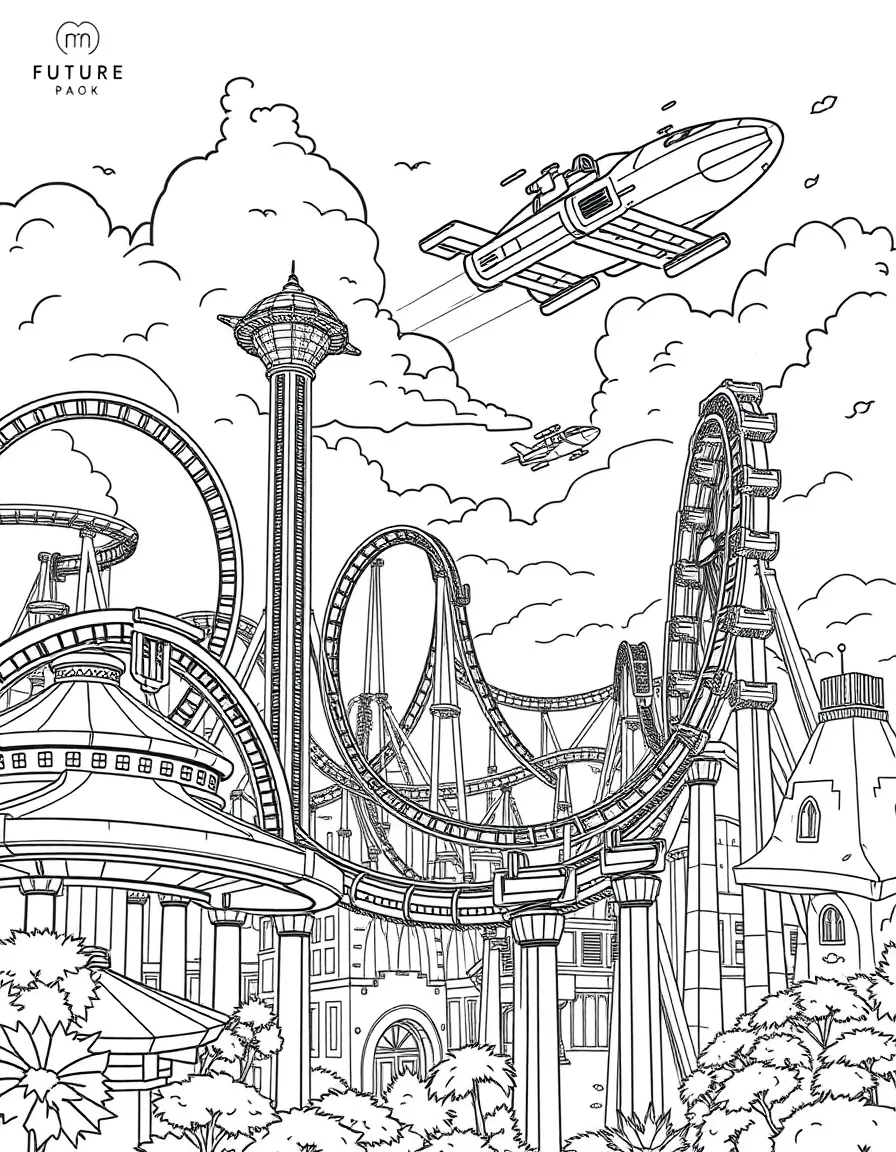 (future) A futuristic amusement park with flying roller coasters.