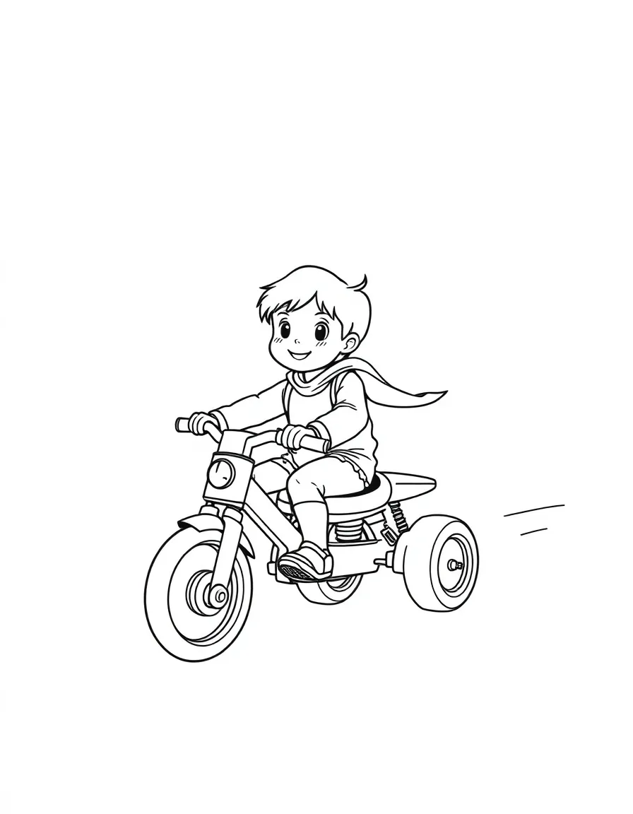 (future) A child riding a flying tricycle.