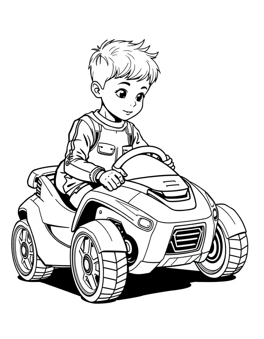 (future) A boy playing with a robot toy car that drives itself.