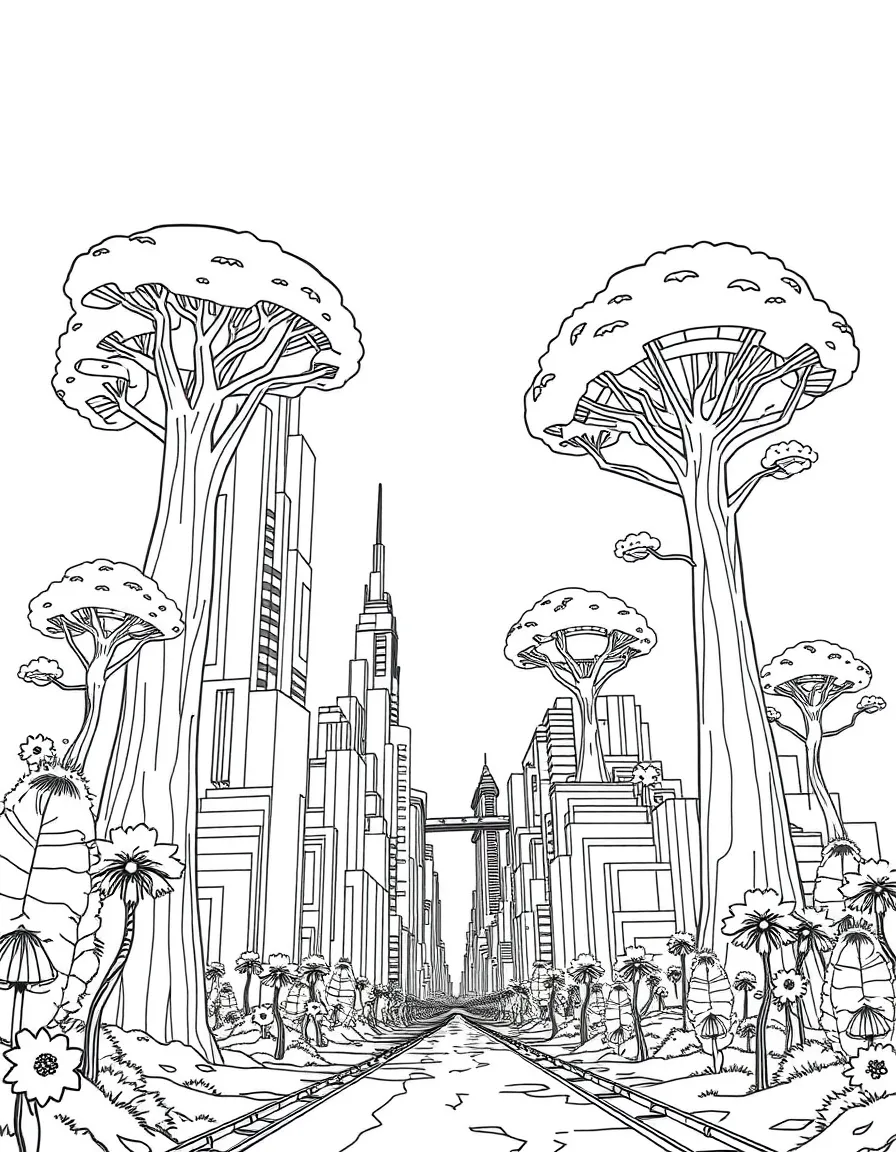 (future) A city with buildings that look like giant trees.