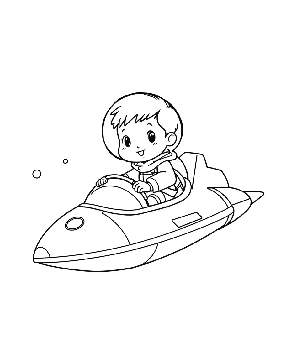(future) A child riding a personal spaceship.
