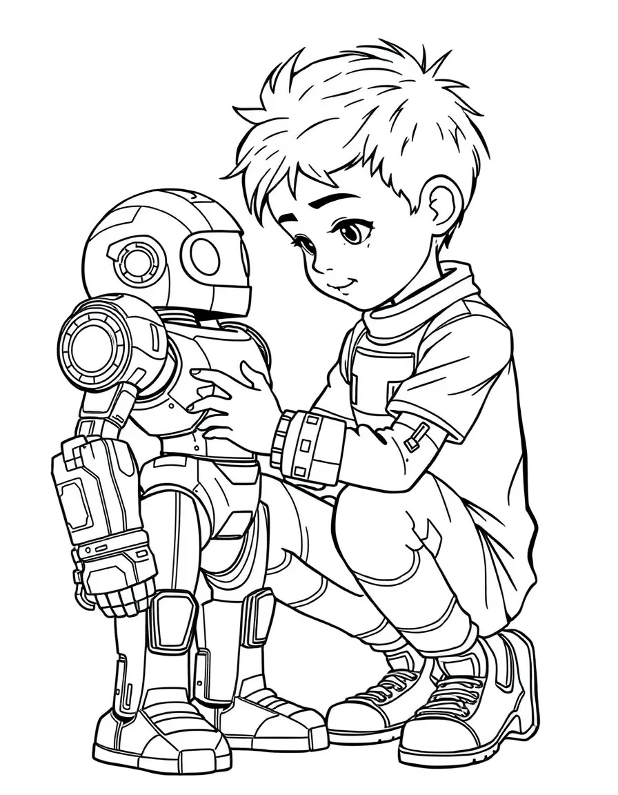 (future) A boy playing with a robot action figure.