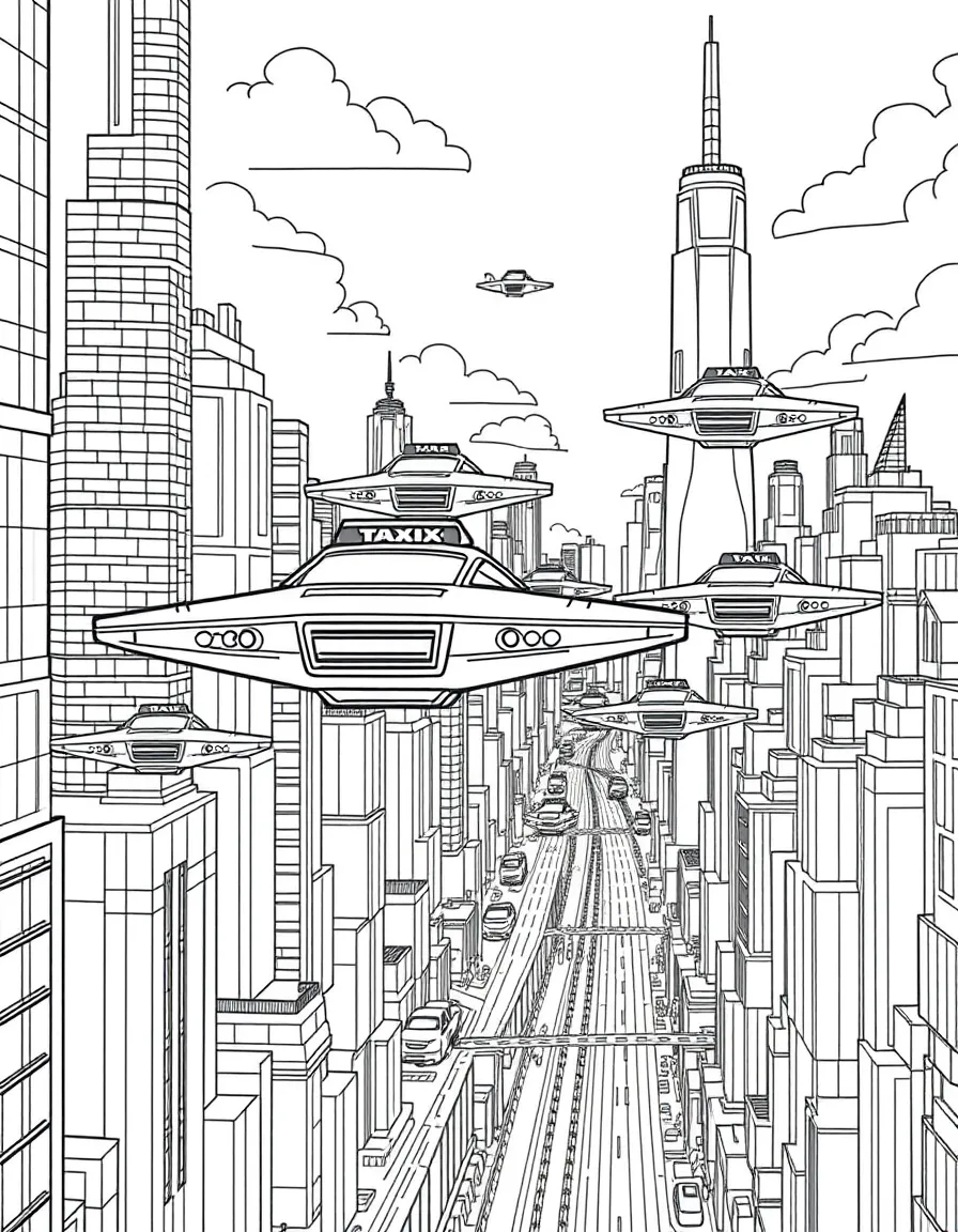 (future) A city with a network of flying taxis.