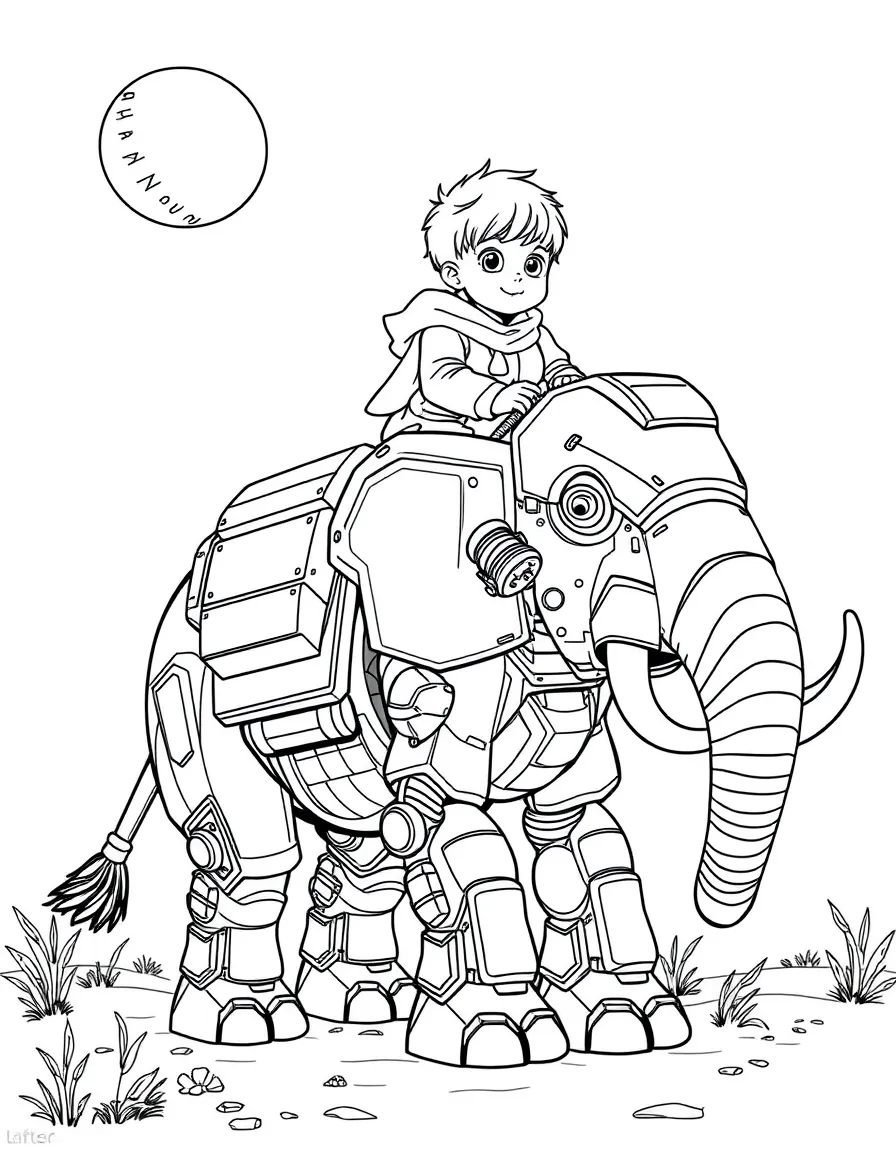 (future) A child riding a giant robot elephant.
