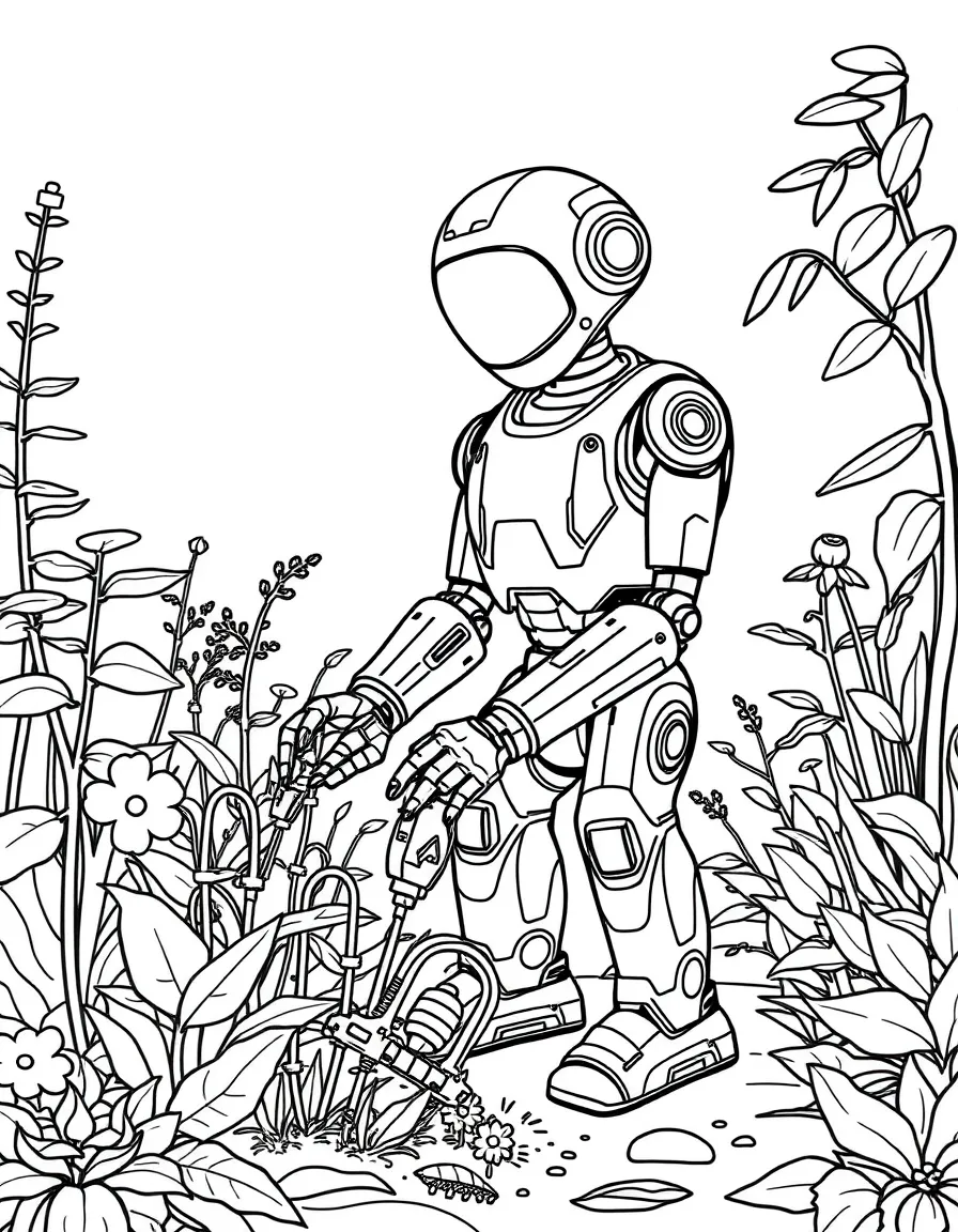 (future) A robot helping with gardening in a futuristic garden.