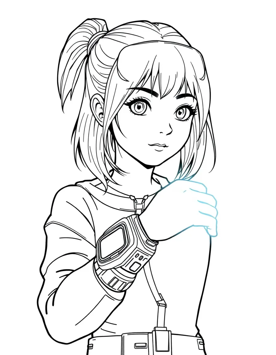 (future) A girl with a futuristic wristband that projects a screen.
