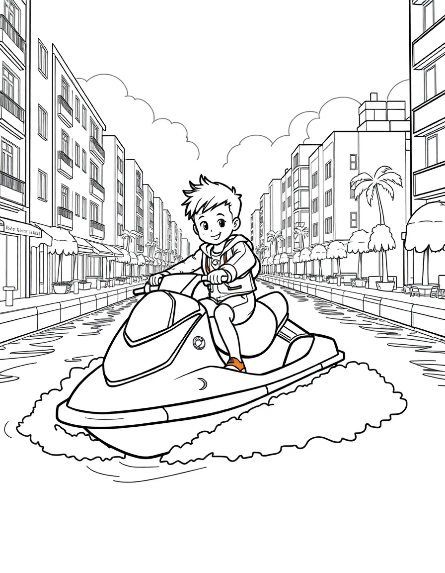 (future) A child riding a personal jet ski on a city canal.