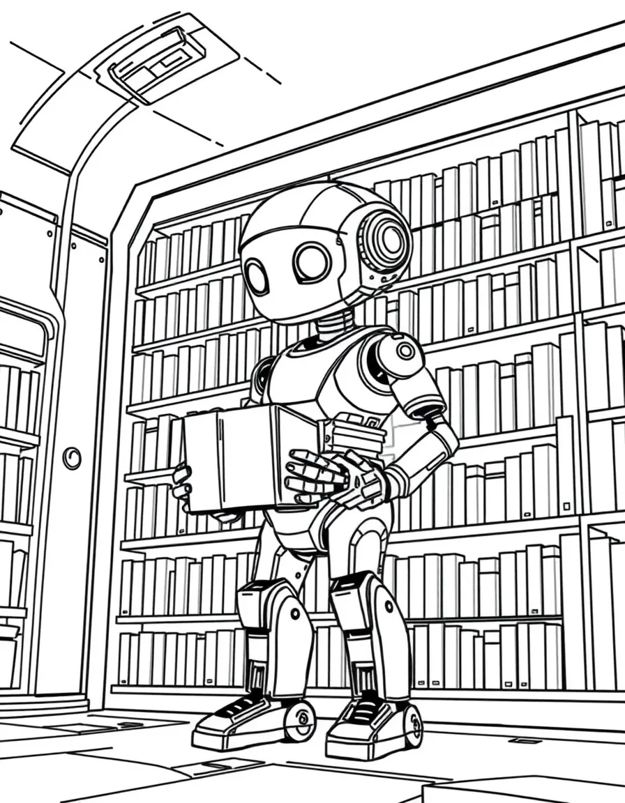 (future) A futuristic library with a robot book delivery system.