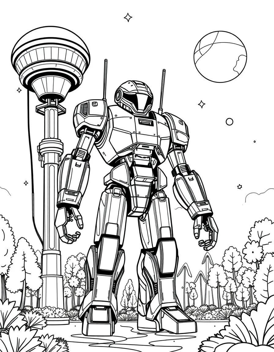 (future) A futuristic park with a giant interactive robot.