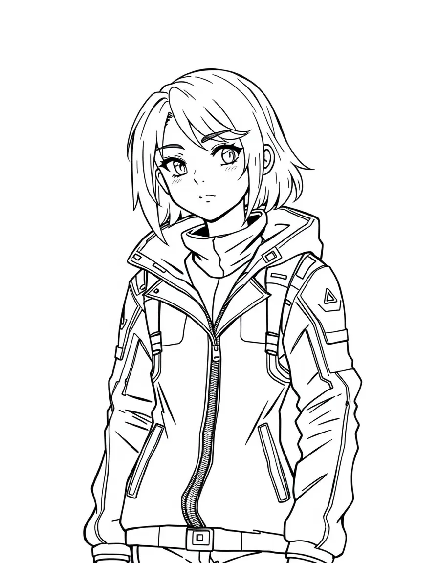 (future) A girl with a futuristic jacket that self-cleans.