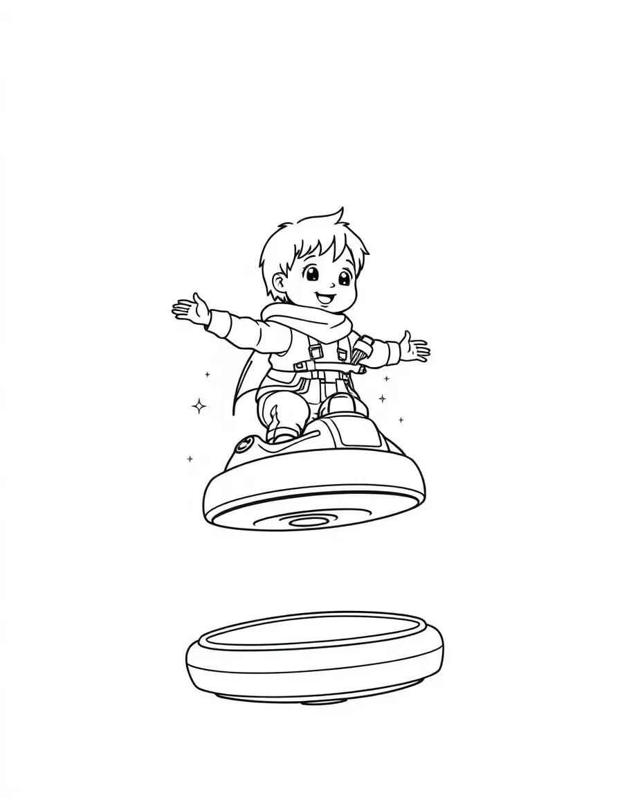 (future) A child riding a personal flying platform.
