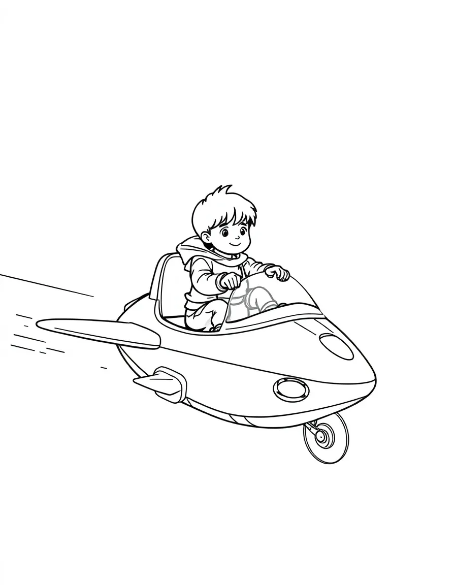 (future) A child riding a personal flying pod.