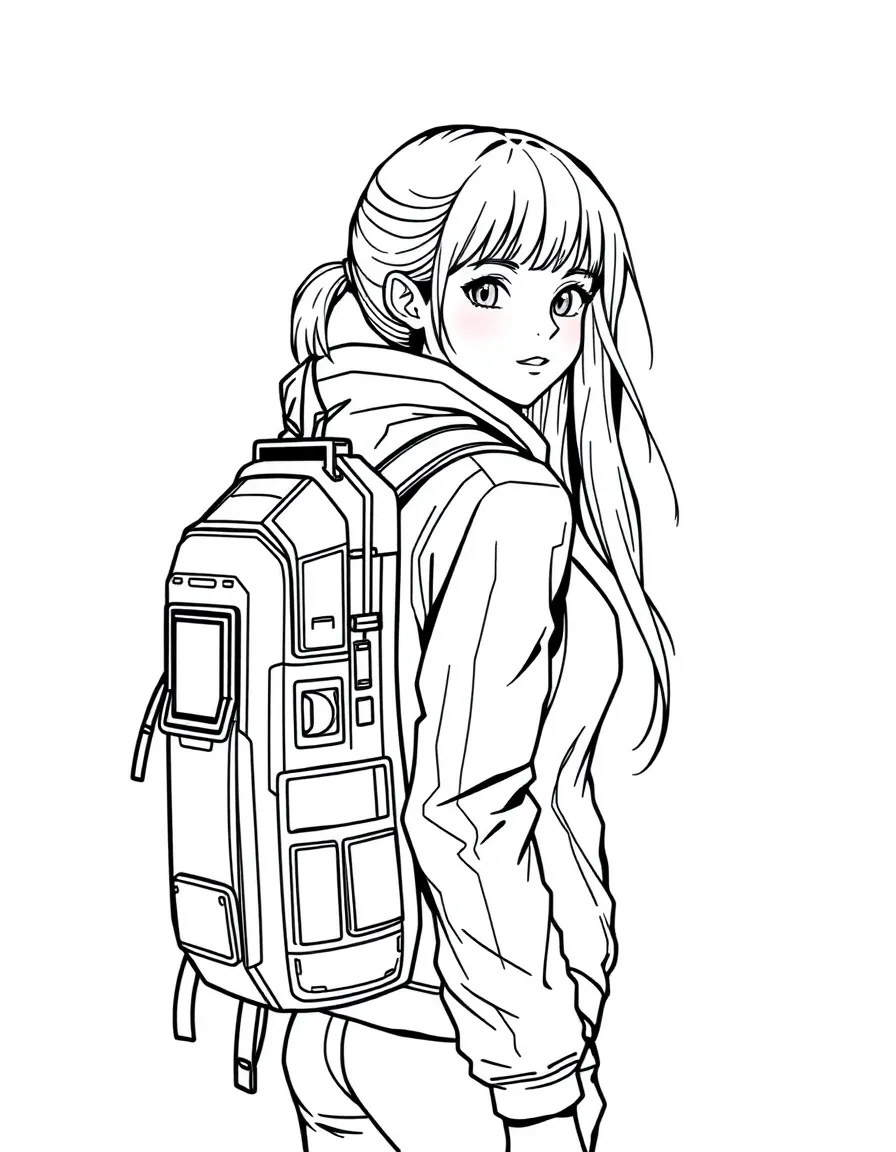(future) A girl with a futuristic backpack that has a built-in screen.