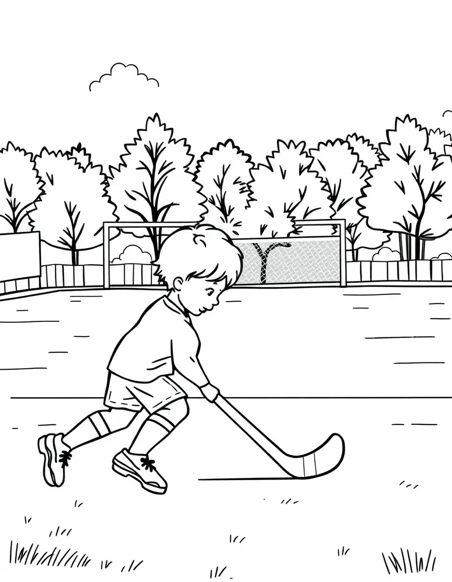 (sports) A child playing field hockey