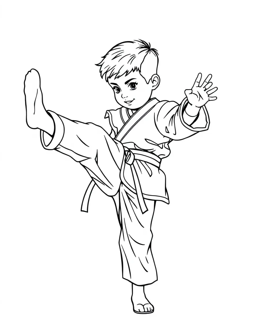 (sports) A child kicking in taekwondo