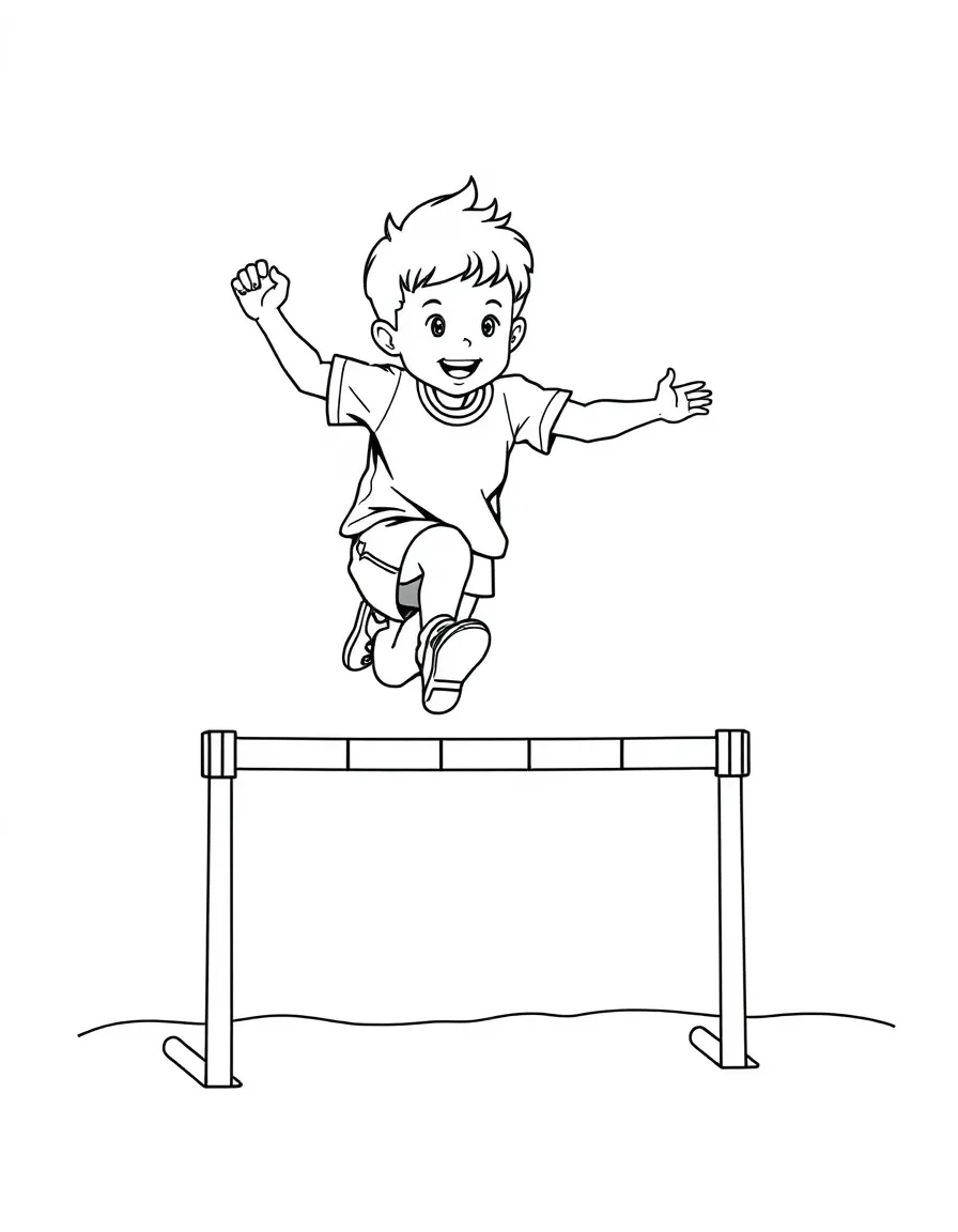 (sports) A child jumping over a hurdle