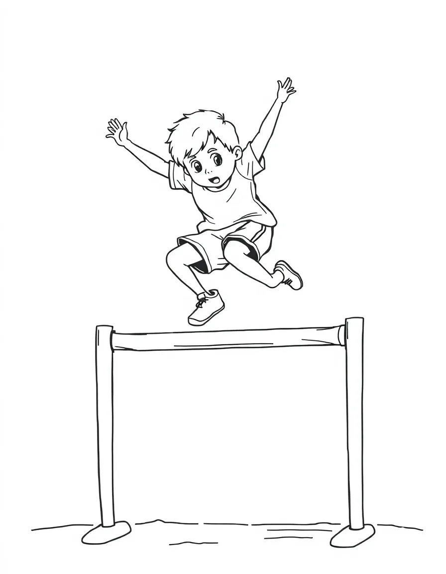 (sports) A child high jumping over a bar