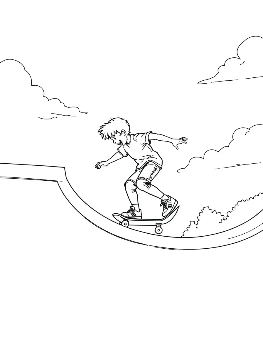 (sports) A child skateboarding on a ramp