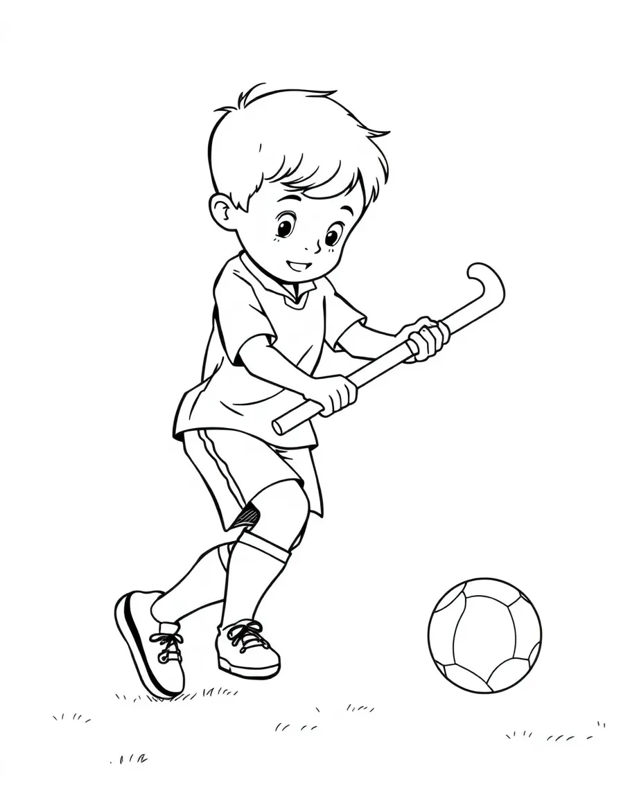 (sports) A child hitting a field hockey ball