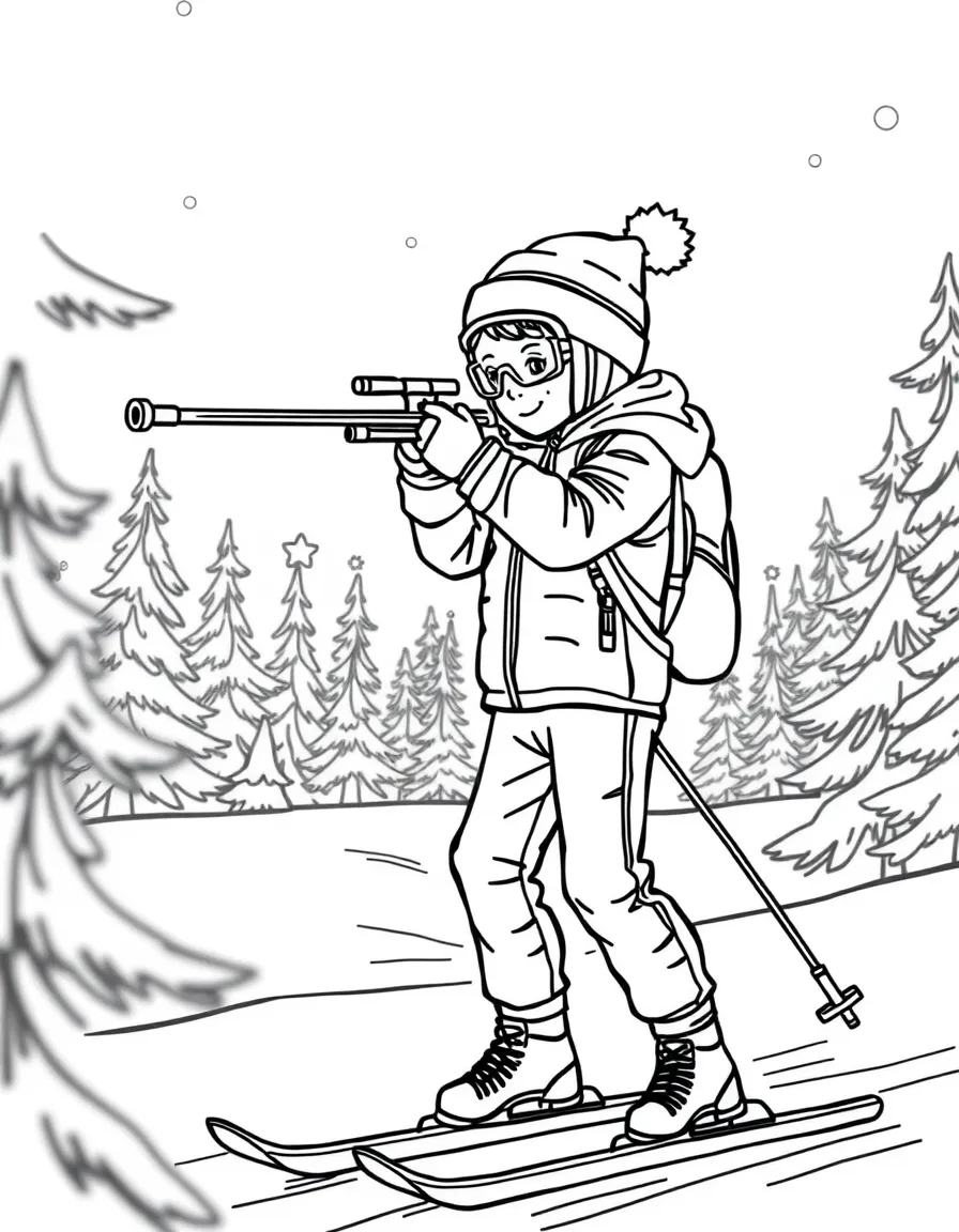 (sports) A child cross-country skiing and shooting (biathlon)