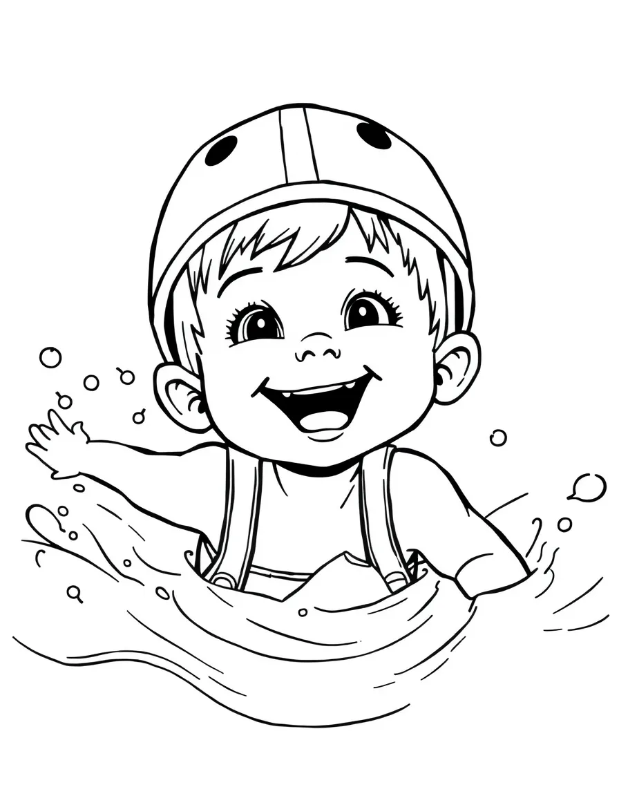 (sports) A child a smiling child swimming