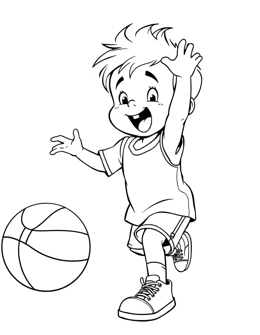 (sports) A child an excited child playing basketball