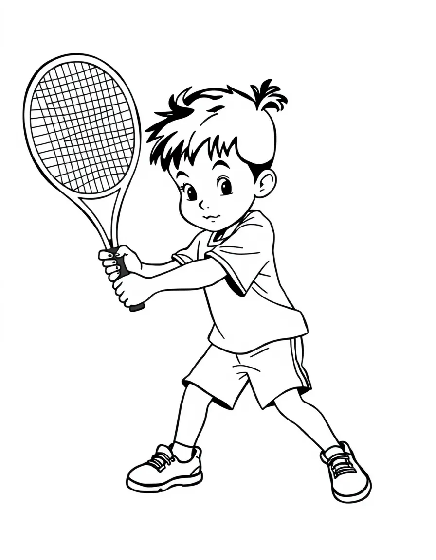 (sports) A child a focused child playing tennis