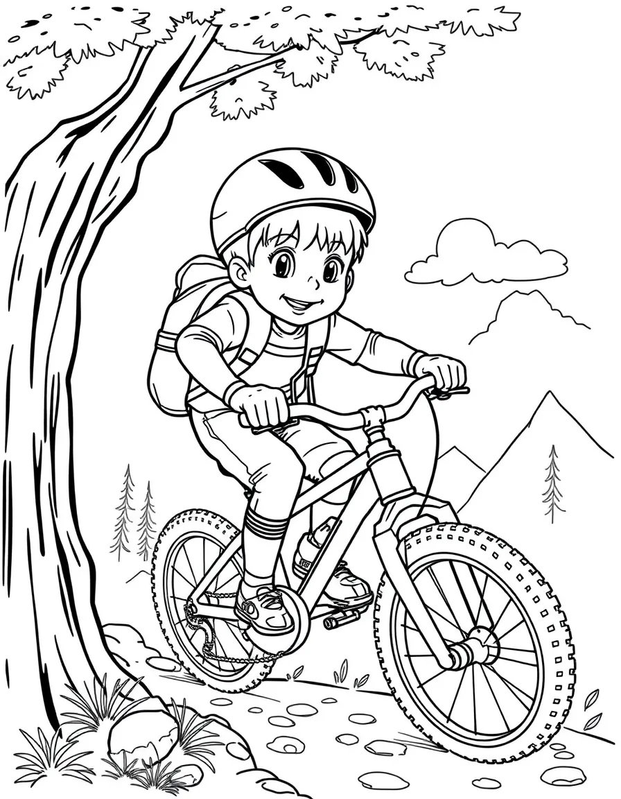 (sports) A child an adventurous child mountain biking