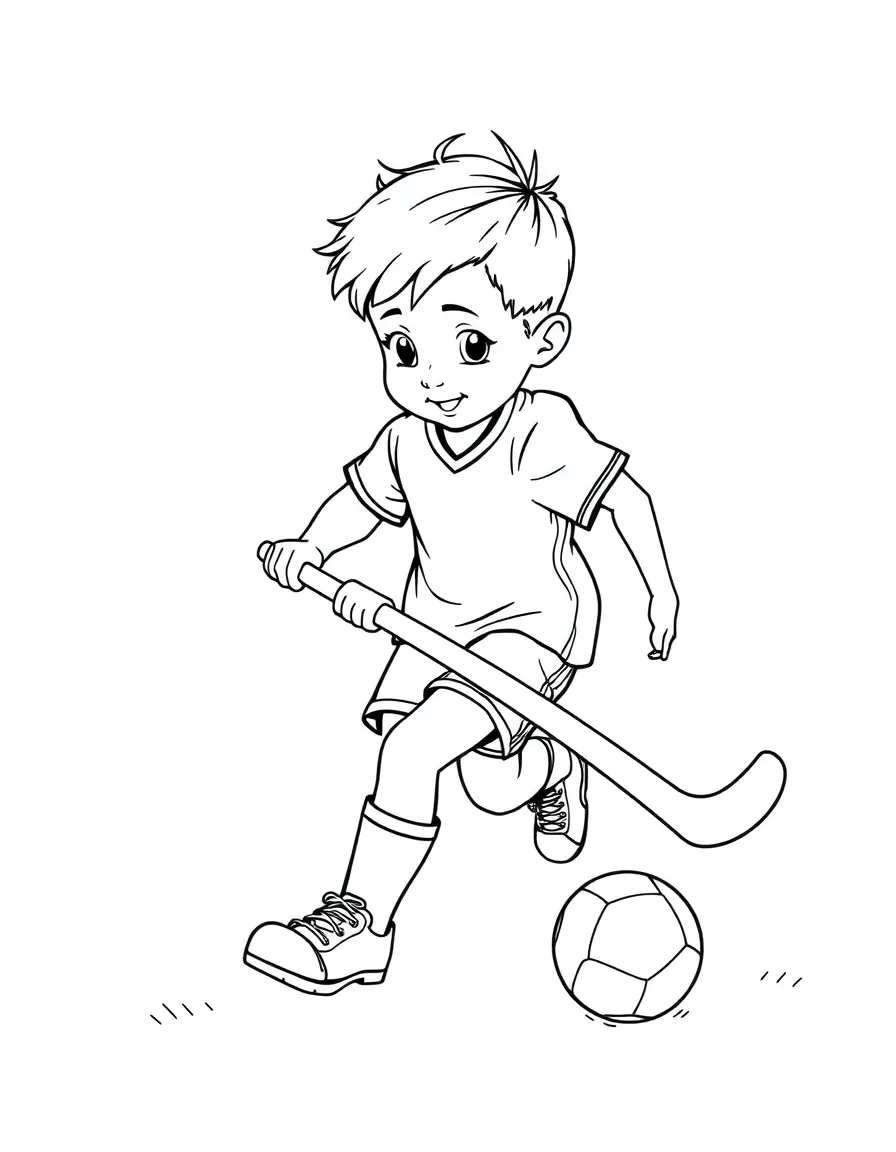 (sports) A child a dribbling child playing field hockey