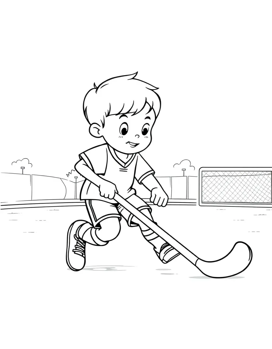 (sports) A child cartoon child playing field hockey