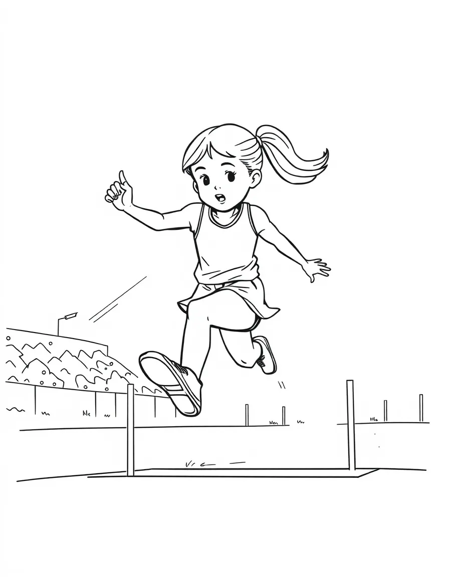 (sports) A child a girl jumping hurdles