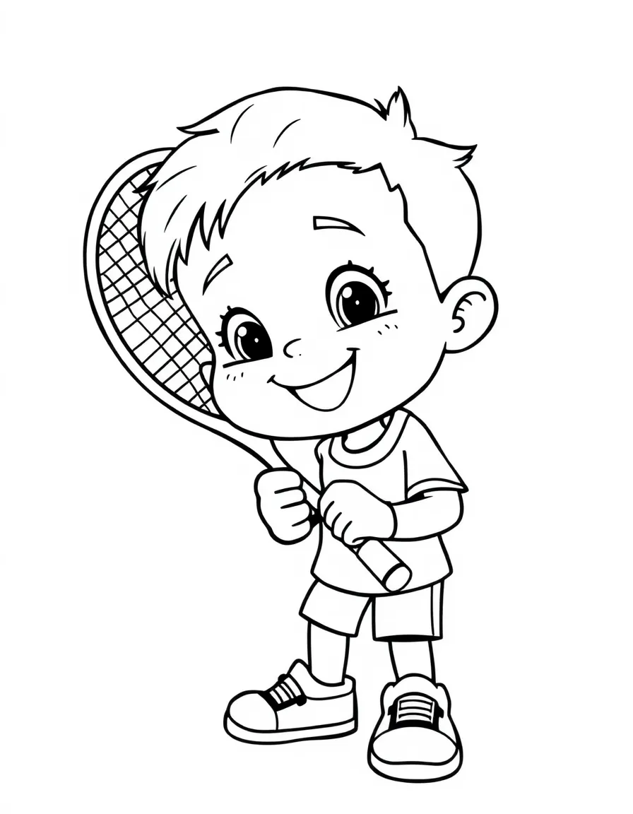 (sports) A child a tennis racket with a happy face