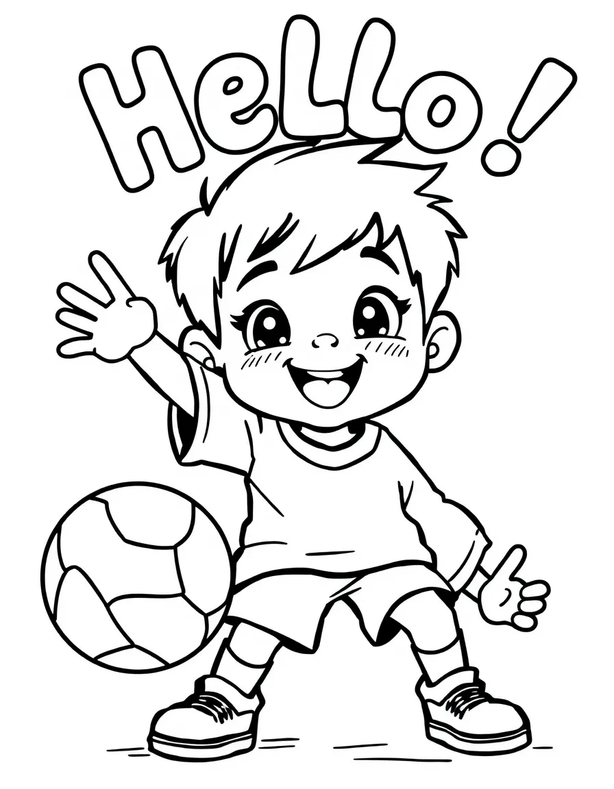 (sports) A child a handball saying hello