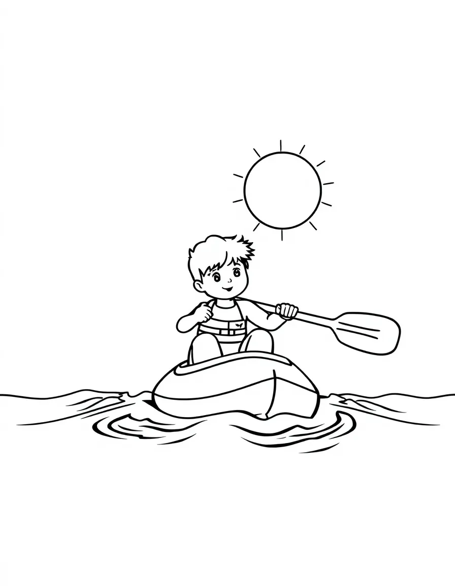(sports) A child a kayak with a sun
