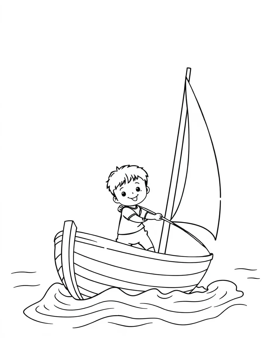 (sports) A child a sailboat with a smiling sail