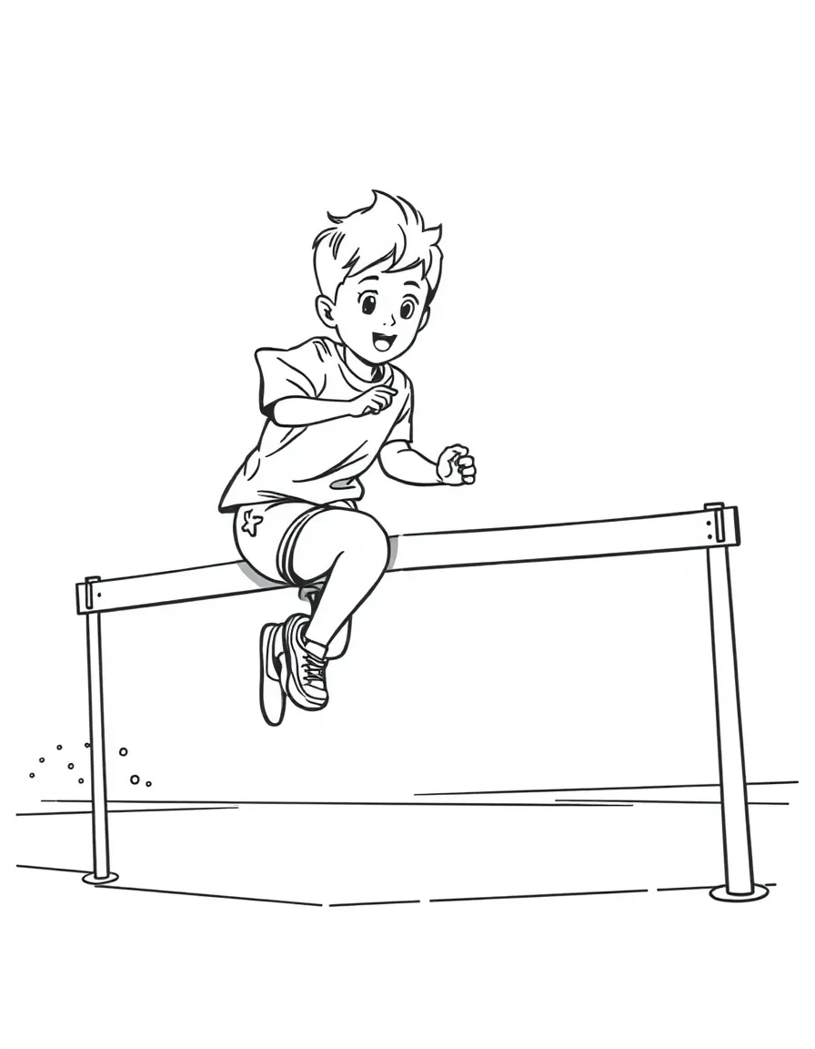 (sports) A child a hurdle with a jump