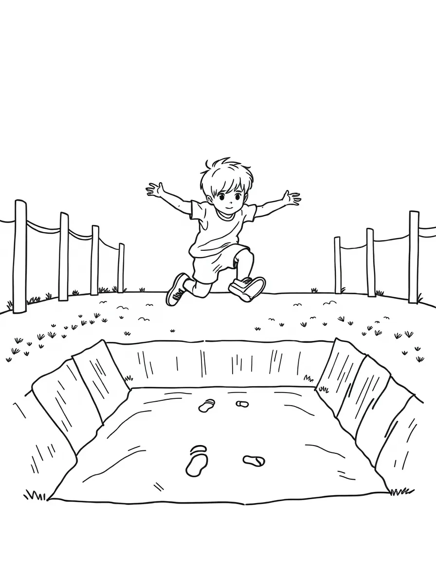 (sports) A child a long jump pit with footprints